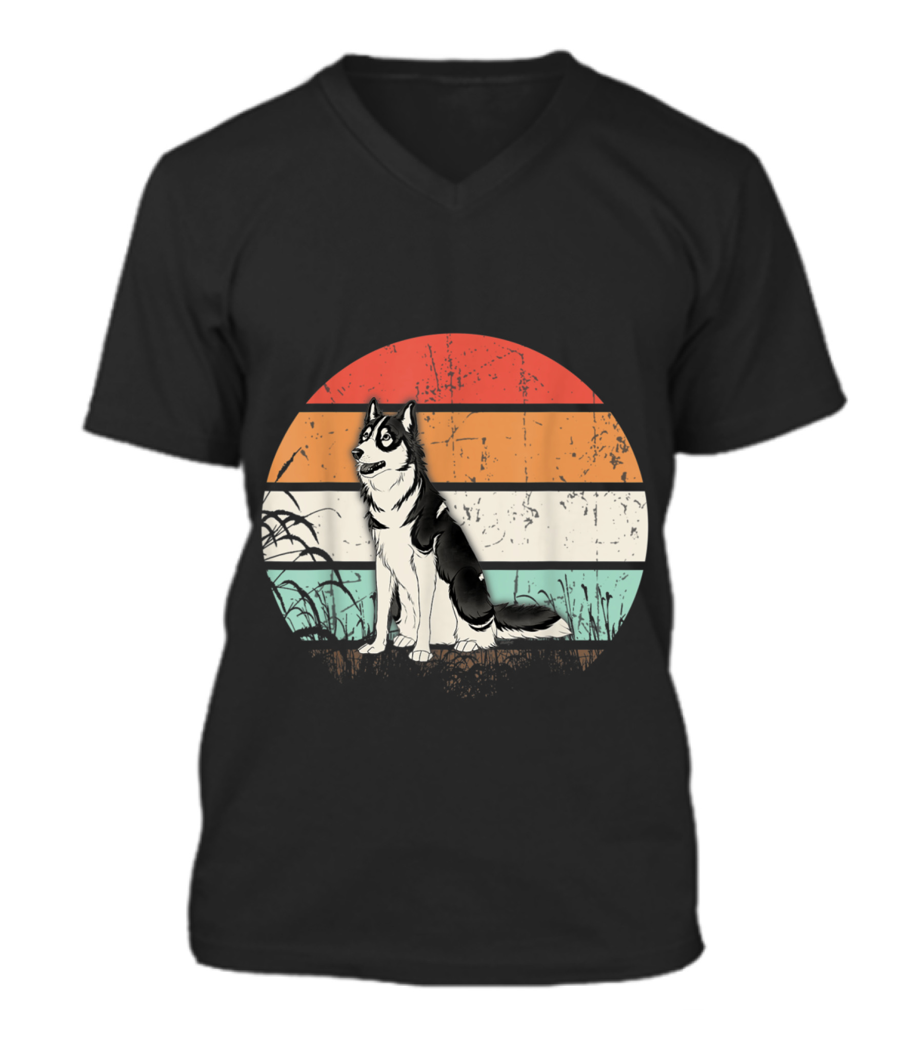 Vintage Retro Siberian Husky Sunset Do V-Neck Unisex T-Shirt