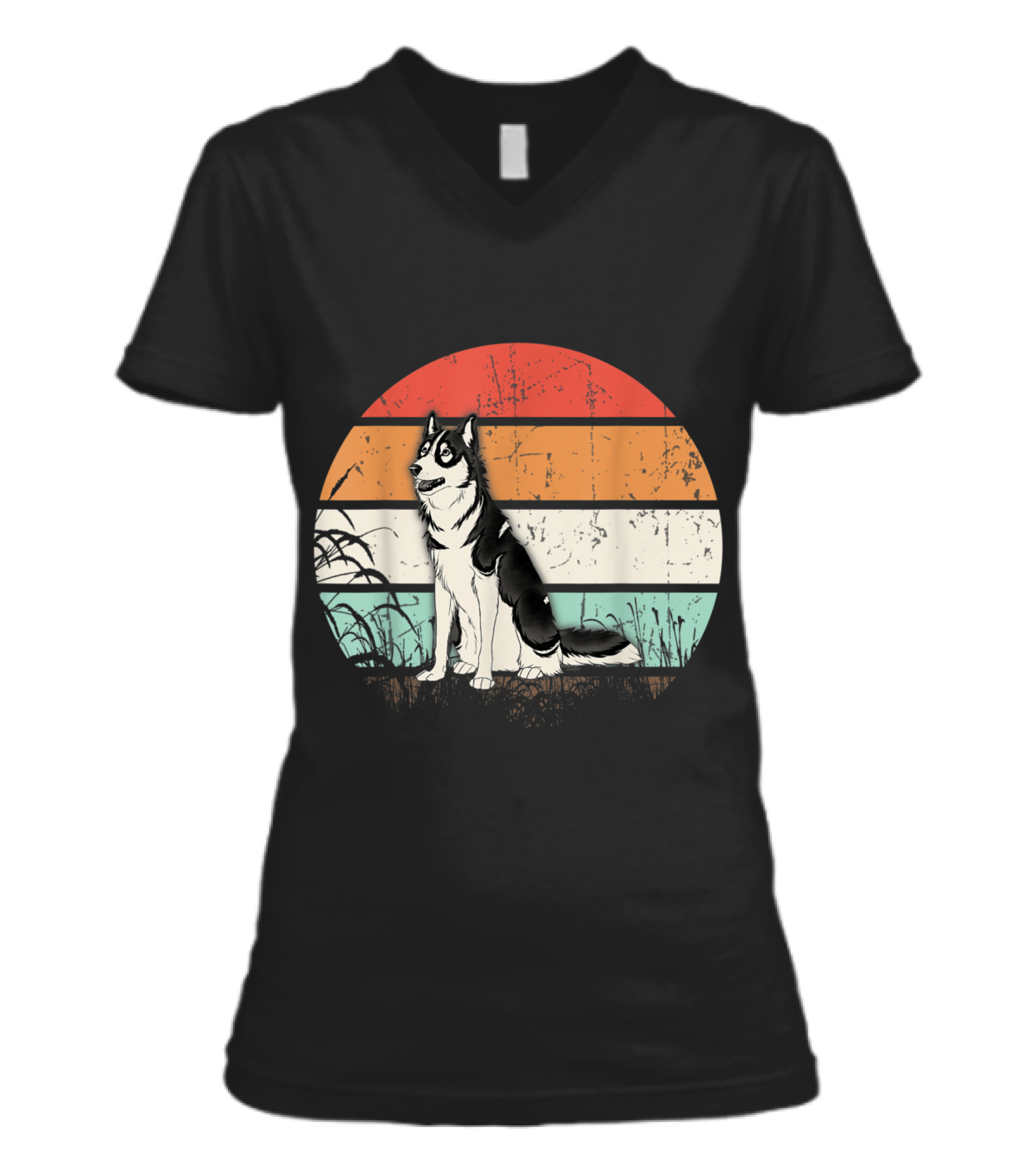 Vintage Retro Siberian Husky Sunset Do V-Neck Womens T-Shirt